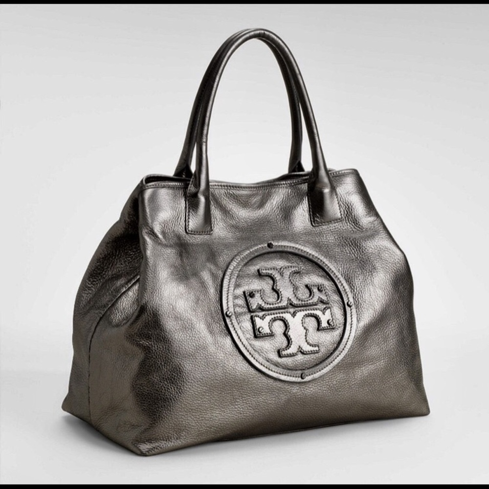 Tory burch double stacked logo metallic tote.